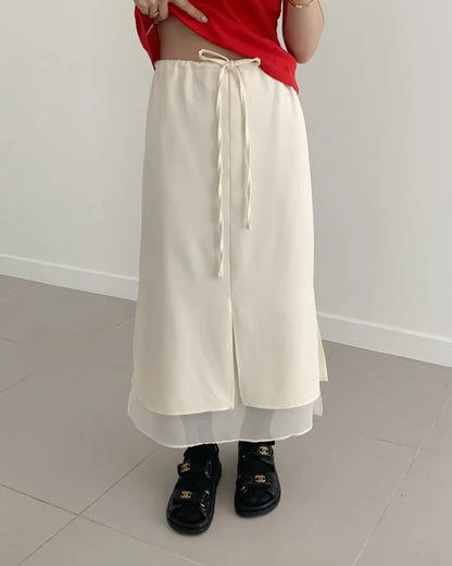Double Layered Belted Straight Cut Long Skirt for Women Spring New Sle Korean High Waist Slit Commute Friendly Skirt