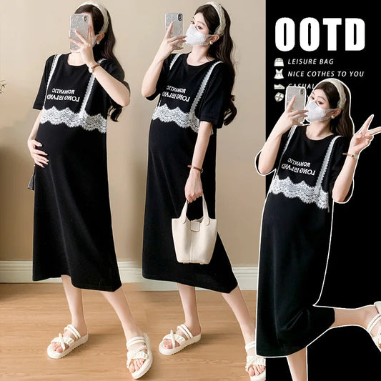 Pregnant Women's Skirt Summer 2025 New Large Loose Fashion Look Thin Fake Two Piece Knitted Skirt