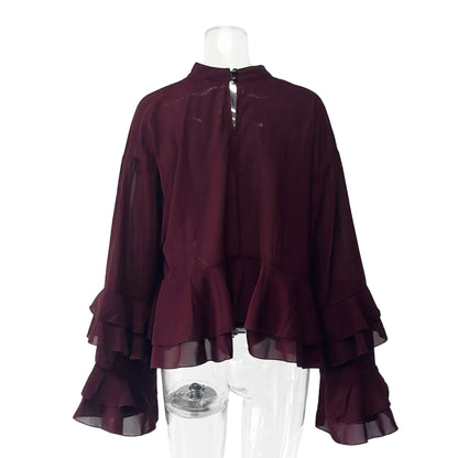 Fashion Shirt For Women See Through Ruffled Lace Up Loose Blouse 2025 New Summer Chic Vintage Casual O-Neck Long Sleeve Shirts