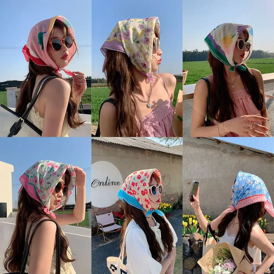 Fashion French Pastoral Style Headscarf INS Style Sun Protection Headband Towel Flower Printed Headband Girls