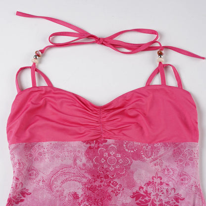 Fashion Retro Chic Prints Mesh Halter Tops Summer Design Beading Backless Skinny Folds Blouses