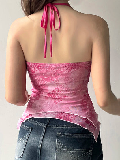 Fashion Retro Chic Prints Mesh Halter Tops Summer Design Beading Backless Skinny Folds Blouses