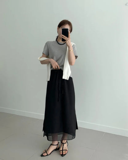 Double Layered Belted Straight Cut Long Skirt for Women Spring New Sle Korean High Waist Slit Commute Friendly Skirt