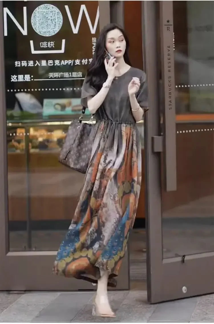 Fashionable Dress for Women 2025 Summer New Retro Drawstring Waist-hugging Long A-line Skirt