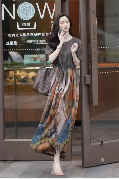 Fashionable Dress for Women 2025 Summer New Retro Drawstring Waist-hugging Long A-line Skirt