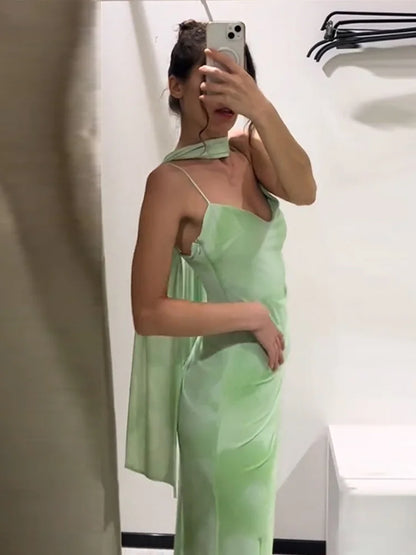 Elegant Green Long Sling Dress Women Slim Print Ribbon V-neck Sleeveless Party Dresses 2025 Summer Lady Holiday Beach Robe