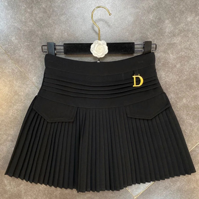 Women's Skirt 2024 Summer Fashion High Waisted White Metal D-pendant Decor Casual Temperament Pleated A-line Skirt With Lining
