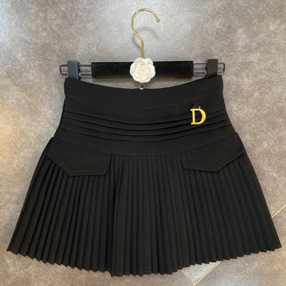 Women's Skirt 2024 Summer Fashion High Waisted White Metal D-pendant Decor Casual Temperament Pleated A-line Skirt With Lining