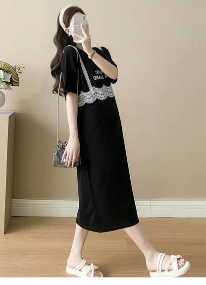 Pregnant Women's Skirt Summer 2025 New Large Loose Fashion Look Thin Fake Two Piece Knitted Skirt