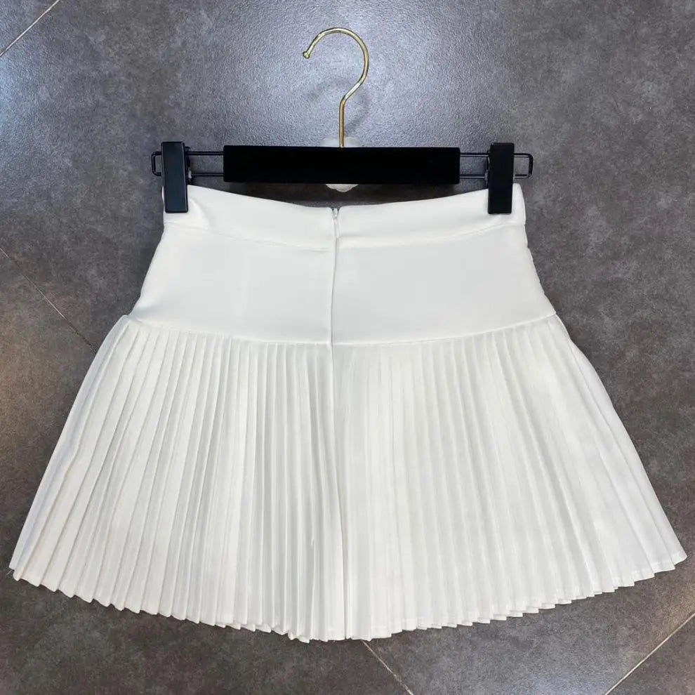 Women's Skirt 2024 Summer Fashion High Waisted White Metal D-pendant Decor Casual Temperament Pleated A-line Skirt With Lining