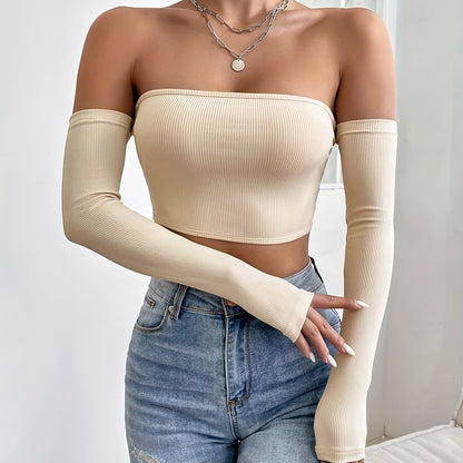 Women's Off-Shoulder Cropped Sleeve Top - Stretchy Slim Fit Solid Black Shirt, Machine Washable All-Season Versatile Top for Casual & Formal Outfits, Crop Top Blouse, Medium Elasticity Fabric